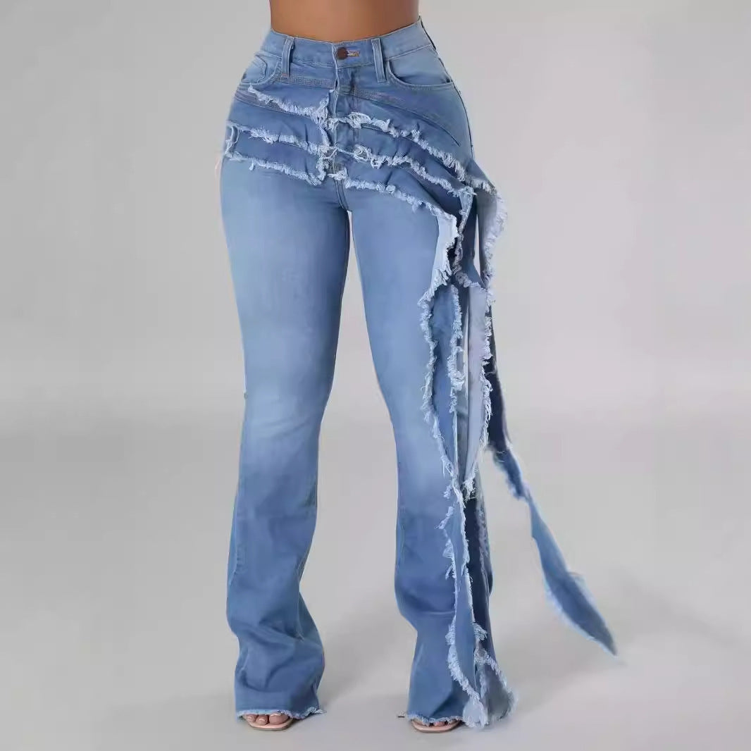 Washed And Frayed Long Streamer Stretch Jeans– kesmora.com